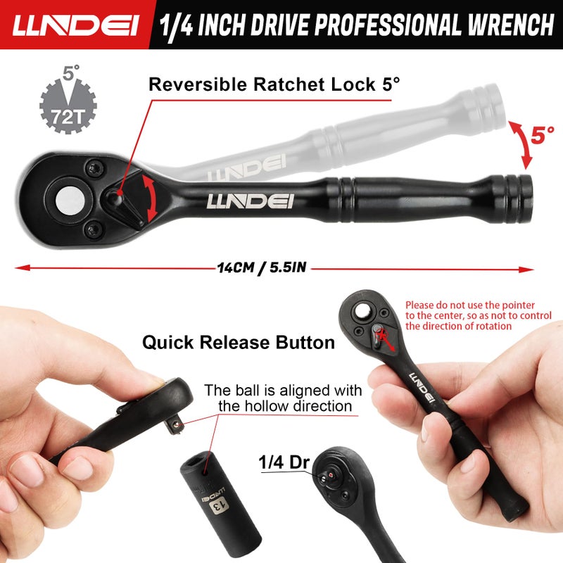 LLNDEI 1/4 inch Drive Impact Socket Set 83 Piece Standard SAE(5/32-9/16 inch) Metric Size(4-15mm) 72T Ratchet Wrench Handle CR-V Mechanics Tool Set with Adapter Screwdriver Bits for Automotive Repair - Image 3